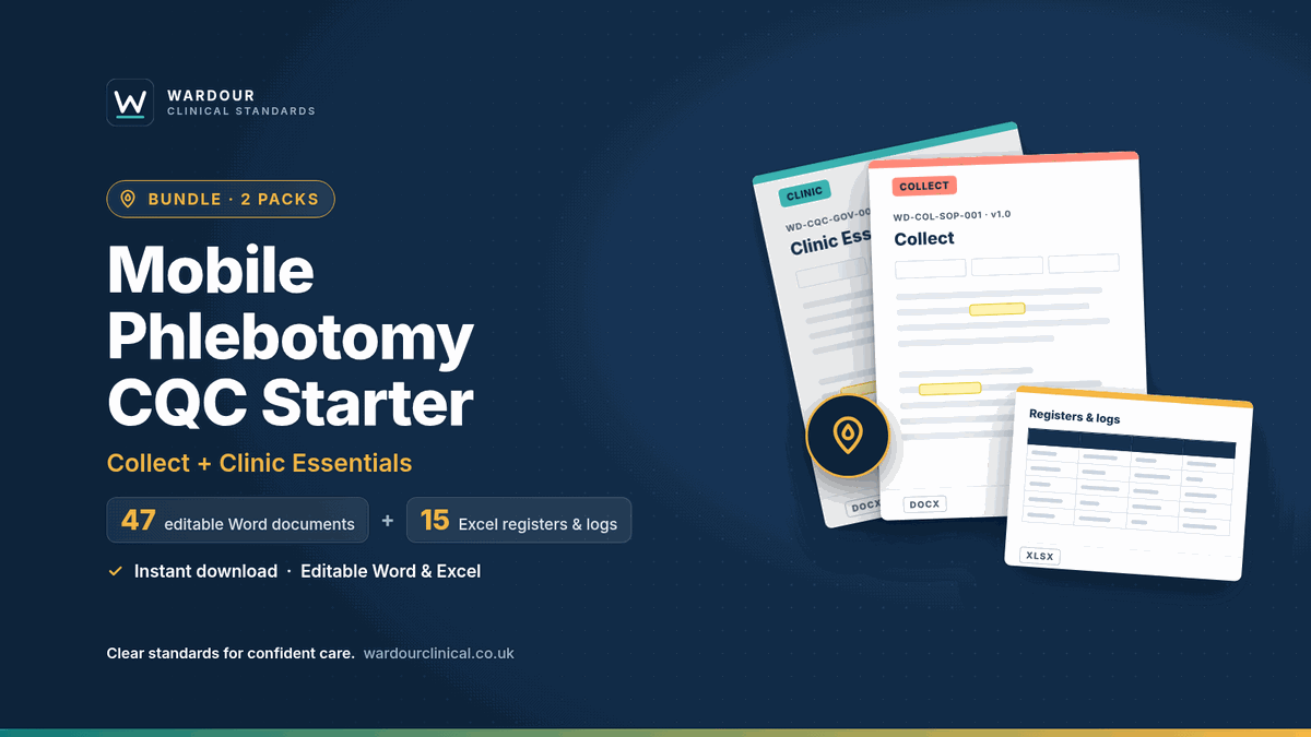 Wardour Mobile Phlebotomy CQC Starter cover: Collect plus Clinic Essentials, 47 editable Word documents and 15 Excel registers and logs